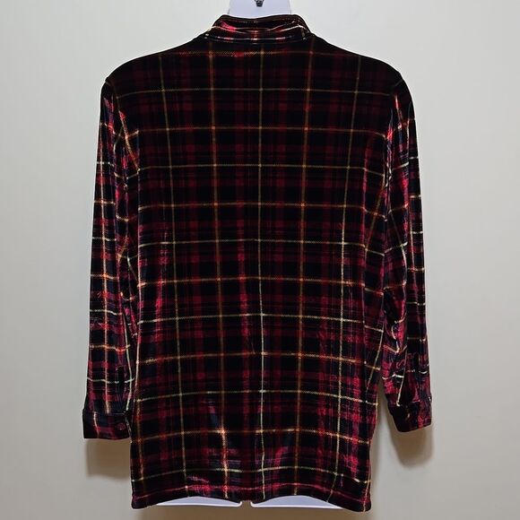 Denim&Co Plaid Velvet Button Up Blouse Top Stretch Plus Sz 1X Holiday Christmas - Picture 10 of 12